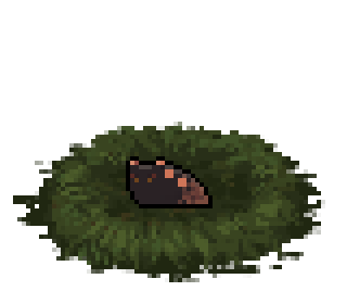 Pixel art of a black slugpup with orange ears, orange spots on its back & an orange tail.